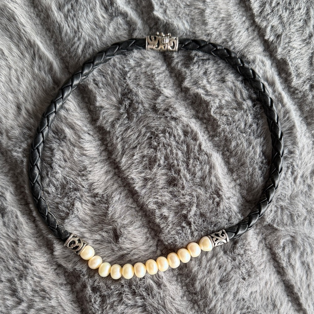Honora 925 sterling silver pearl and black braided leather choker necklace
